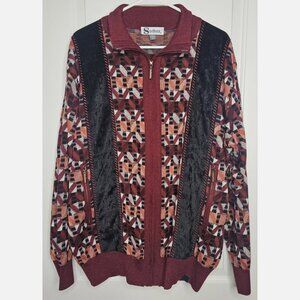 Silversilk Mens Large Knit Jacket Sweater Black Red Full Zip Geometric